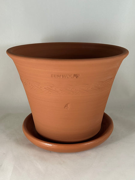 ZSPC1153-26 Ben Wolff #4 Half Pot in Red Terracotta. Sealed saucer with cork pads. 6”H x 8”W --- ONE OF A KIND