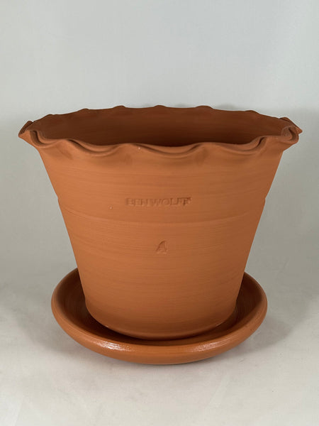 ZSPC1158-23 Ben Wolff #4 Scalloped Half Pot in Red Terracotta. Sealed saucer with cork pads. 6.25”H x 8.25”W --- ONE OF A KIND