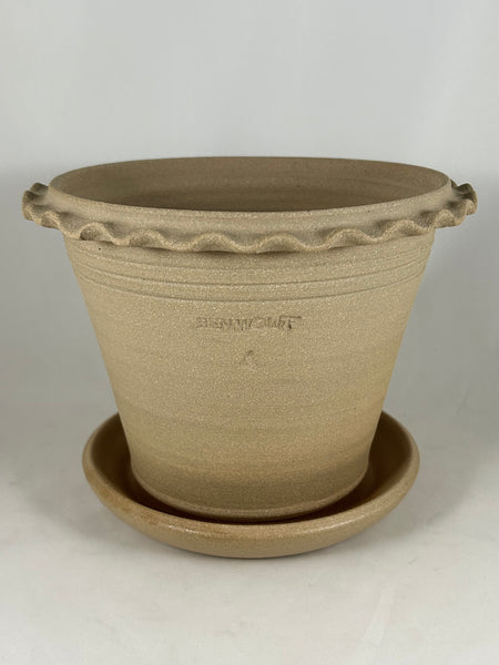 ZSPC1150-32 Ben Wolff #4 Half Pot in Tan Clay.  Sealed saucer with cork pads. 6”H x 7.75”W --- ONE OF A KIND