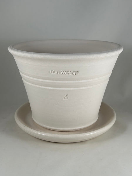 ZSPC1153-22 Ben Wolff #4 Manhattan Half Pot in White Clay. Sealed #6 saucer with cork pads. 5.5”H x 7.75”W --- ONE OF A KIND