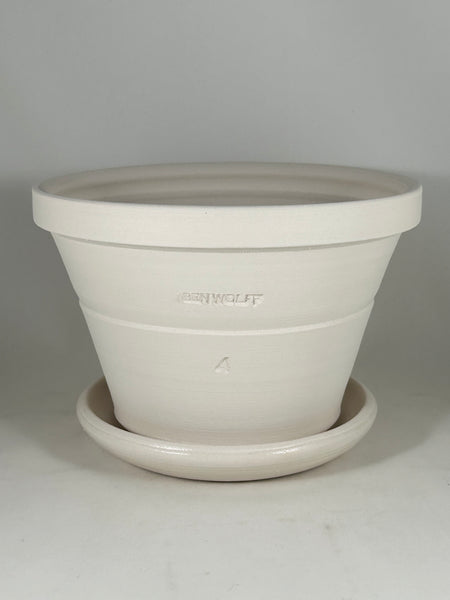 SPC1136-23 Ben Wolff #4 Half Pot in White Clay. Sealed #6 saucer with cork pads. 5.75”H x 8.5”W --- ONE OF A KIND