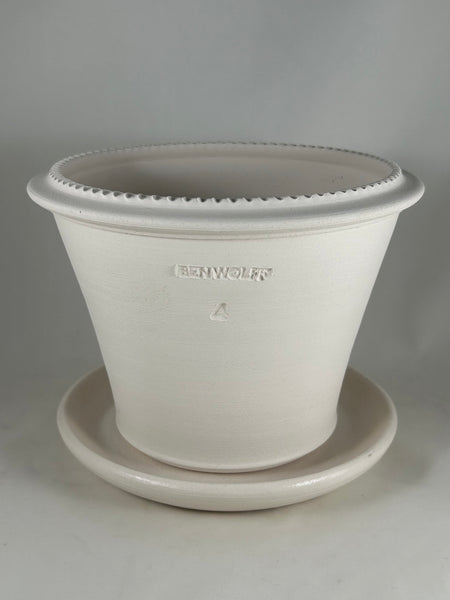 ZSPC1147-25 Ben Wolff #4 Tuscan Half Pot in White Clay. Sealed #6 saucer with cork pads. 6”H x 8”W --- ONE OF A KIND