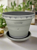 ZSPC1148-23 Ben Wolff #4 Half Pot in Grey Finish. Sealed #6 saucer with cork pads. 6”H x 8”W --- ONE OF A KIND