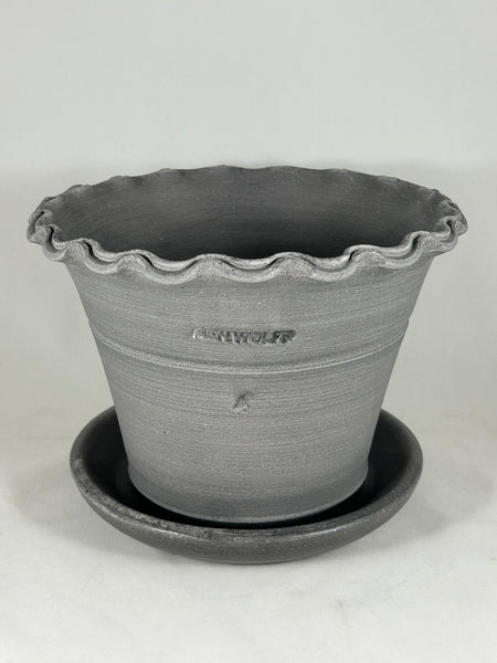 ZSPC1163-14 Ben Wolff #4 Half Pot in Grey Finish. Sealed #6 saucer with cork pads. 5.75”H x 8.25”W --- ONE OF A KIND