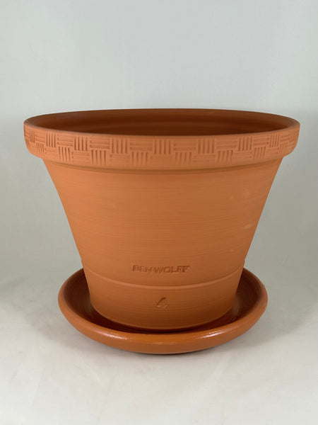 ZSPC1164-40 Ben Wolff #4 Half Pot in Red Terracotta. Sealed saucer with cork pads. 6.25”H x 8.5”W --- ONE OF A KIND