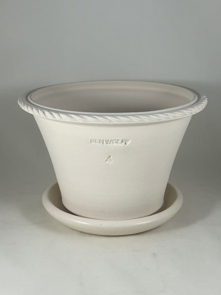 ZSPC1170-24 Ben Wolff #4 Half Pot in White Clay. Sealed #6 saucer with cork pads. 5.5”H x 8.5”W --- ONE OF A KIND