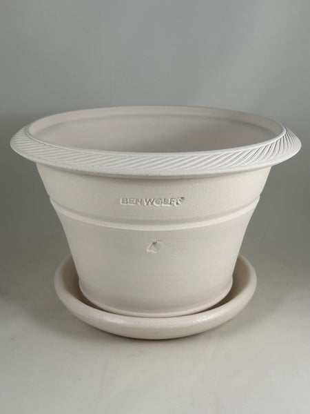 ZSPC1165-27 Ben Wolff #4 Half Pot in White Clay. Sealed #6 saucer with cork pads. 5.75”H x 8.75”W --- ONE OF A KIND