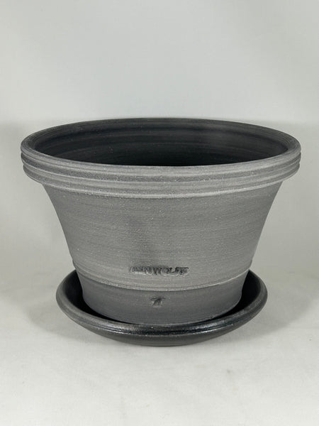 SPC1147-24 Ben Wolff #4 Half Pot in Grey Finish. Sealed #6 saucer with cork pads. 5.5”H x 8.75”W --- ONE OF A KIND