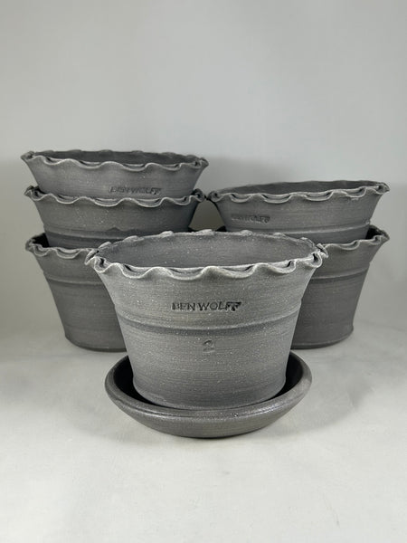 Ben Wolff #2 Scalloped Half Pot in Grey Finish. Sealed #4 saucer with cork pads. 4.25”H x 6.75“W --- MULTIPLES AVAILABLE