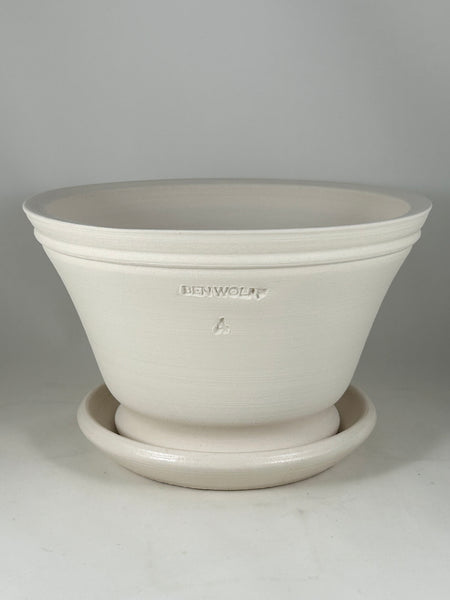 SPC1152-16 Ben Wolff #4 Half Pot in White Clay. Sealed #6 saucer with cork pads. 5.5”H x 9”W --- ONE OF A KIND