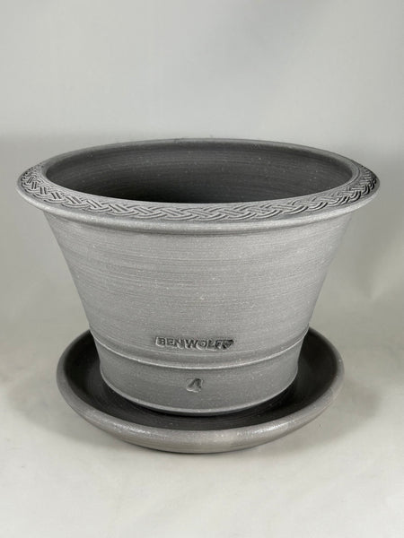 ZSPC1152-17 Ben Wolff #4 Celtic Half Pot in Grey Finish. Sealed #6 saucer with cork pads. 5.5”H x 8.5”W --- ONE OF A KIND