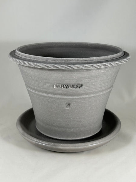 ZSPC1154-22 Ben Wolff #4 Roped Tuscan Half Pot in Grey Finish. Sealed #6 saucer with cork pads. 5.75”H x 8”W --- ONE OF A KIND