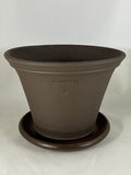ZSPC1160-26 Ben Wolff #4 Half Pot in Dark Brown Clay. Sealed saucer with cork pads. 6”H x 8”W --- ONE OF A KIND