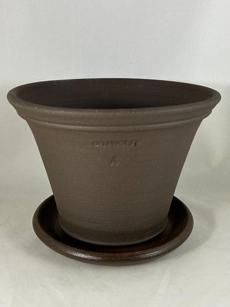 ZSPC1160-26 Ben Wolff #4 Half Pot in Dark Brown Clay. Sealed saucer with cork pads. 6”H x 8”W --- ONE OF A KIND