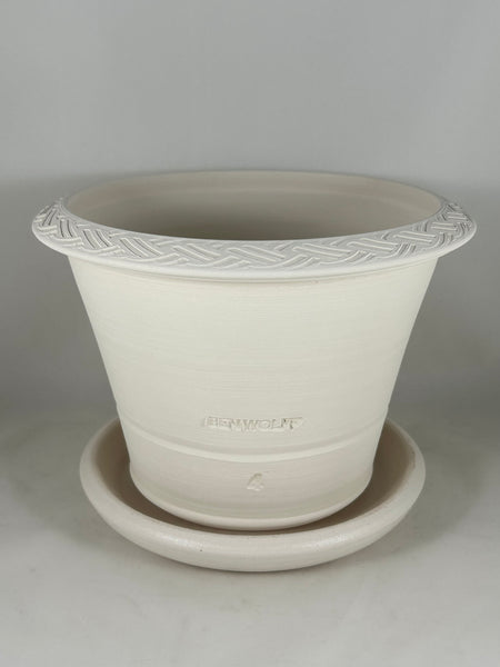 ZSPC1151-20 Ben Wolff #4 Half Pot in White Clay. Sealed saucer with cork pads. 6.25”H x 8.5”W --- ONE OF A KIND