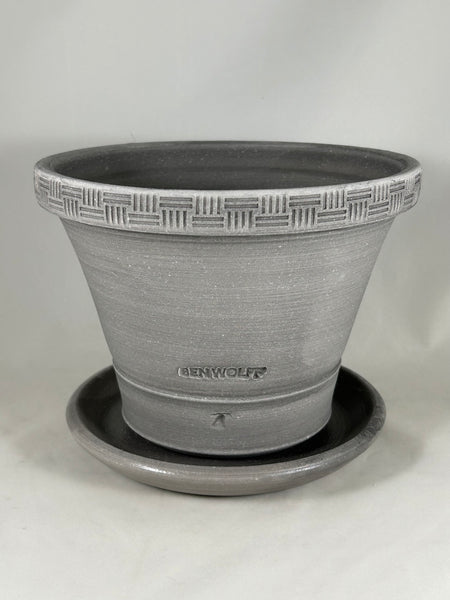 ZSPC1165-22 Ben Wolff #4 Basket Weave Half Pot in Grey Finish. Sealed #6 saucer with cork pads. 6”H x 8”W --- ONE OF A KIND