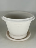 ZSPC1162-32 Ben Wolff #4 Half Pot in White Clay. Sealed saucer with cork pads. 6.25”H x 8.5”W --- ONE OF A KIND