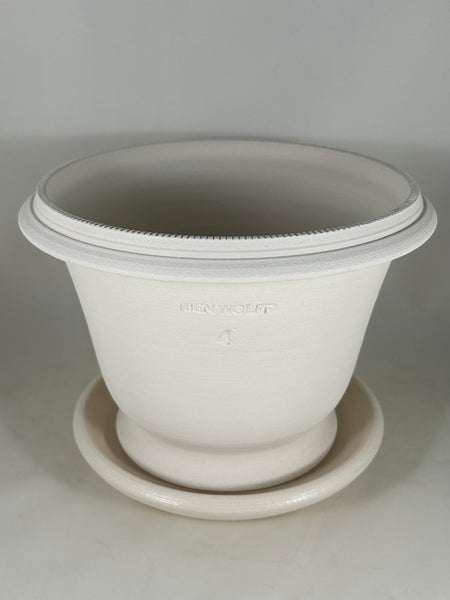 ZSPC1162-32 Ben Wolff #4 Half Pot in White Clay. Sealed saucer with cork pads. 6.25”H x 8.5”W --- ONE OF A KIND