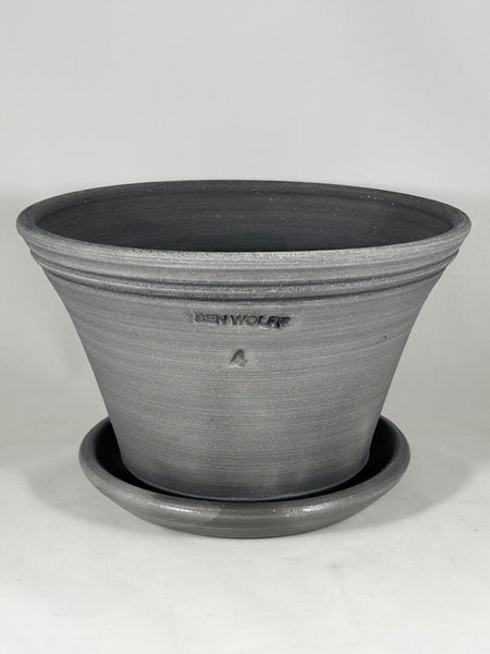SPC1175-19 Ben Wolff #4 Half Pot in Grey Finish. Sealed #6 saucer with cork pads. 5.5"H x 9"W --- ONE OF A KIND