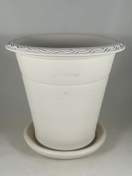 ZSPC1142-17 Ben Wolff #6 Full Pot in White Clay. Sealed saucer with cork pads. 8.25”H x 8.75”W --- ONE OF A KIND