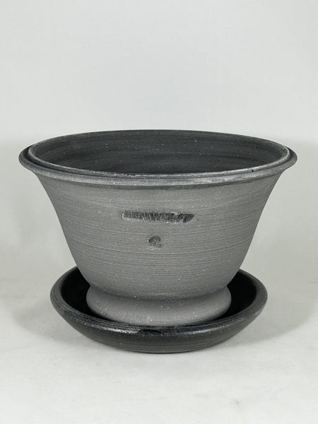 SPC1153-21 Ben Wolff #2 Half Pot in Grey Finish. Sealed #4 saucer with cork pads. 4.5”H x 7.25”W --- ONE OF A KIND