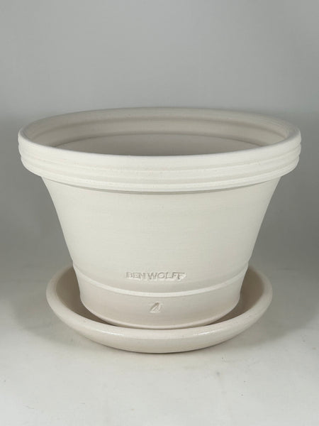 SPC1158-14 Ben Wolff #4 Half Pot in White Clay. Sealed #6 saucer with cork pads. 5.75"H x 8.25”W --- ONE OF A KIND