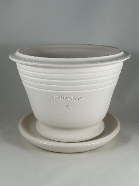 ZSPC1158-16 Ben Wolff #4 Garden Bowl in White Clay. Sealed #6 saucer with cork pads. 6"H x 8.25”W --- ONE OF A KIND