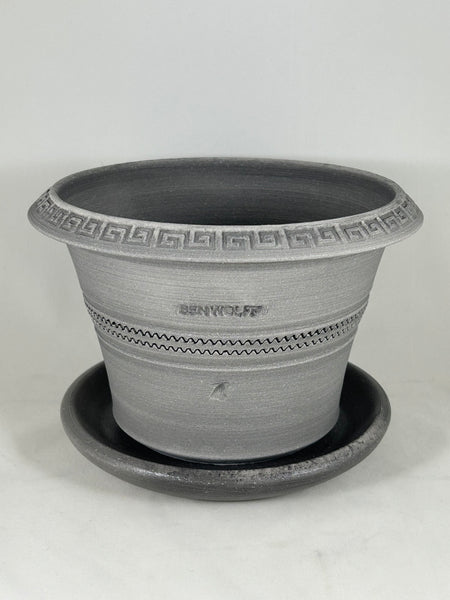 ZSPC1169-26 Ben Wolff #4 Half Pot in Grey Finish. Sealed #6 saucer with cork pads. 5.5”H x 8.25”W --- ONE OF A KIND