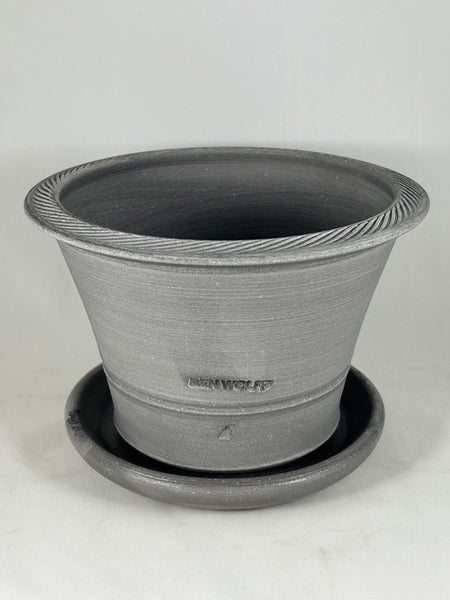 ZSPC1173-24 Ben Wolff #4 Half Pot in Grey Finish. Sealed #6 saucer with cork pads. 5.5”H x 8.25”W --- ONE OF A KIND