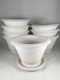 Ben Wolff #4 Greek Key Half Pot in White Clay. Sealed #6 saucer with cork pads. 6”H x 8.25”W --- MULTIPLE AVAILABLE