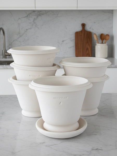 Ben Wolff #4 Roman Half Pot in White Clay. Sealed saucer with cork pads. 6”H x 8”W --- MULTIPLE AVAILABLE