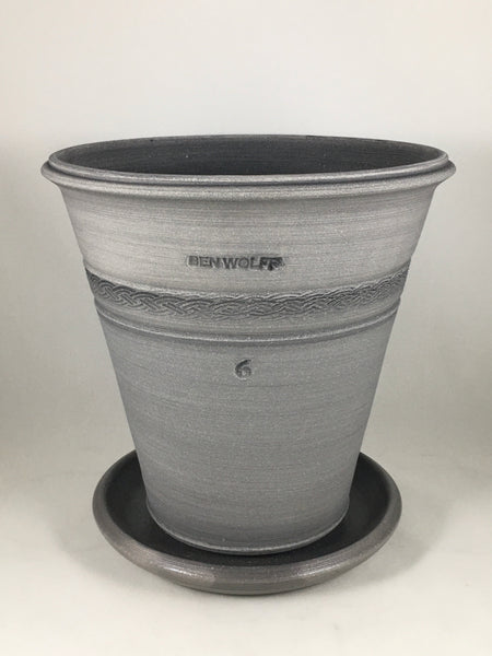 SPC1200-15 Ben Wolff #6 Flower Pot in Grey Finish. Sealed saucer with cork pads. 8.5"H x 8.5”W --- ONE OF A KIND