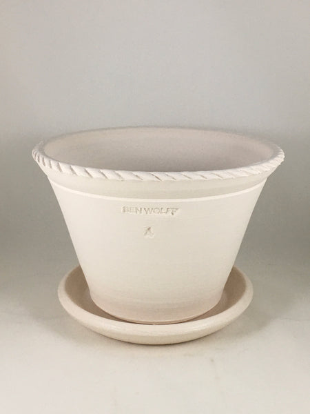 SPC1199-16 Ben Wolff #4 Half Pot in White Clay. Sealed #6 saucer with cork pads. 5.75””H x 8.5”W --- ONE OF A KIND