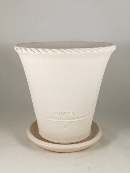 SPC1132-22 Ben Wolff #4 Flower Pot in White Clay. Sealed saucer with cork pads. 7.5”H x 7.5”W --- ONE OF A KIND