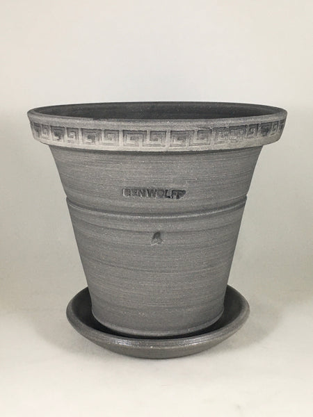 SPC1184-10 Ben Wolff #4 Flower Pot in Grey Finish. Sealed saucer with cork pads. 6.75”H x 7.75”W --- ONE OF A KIND