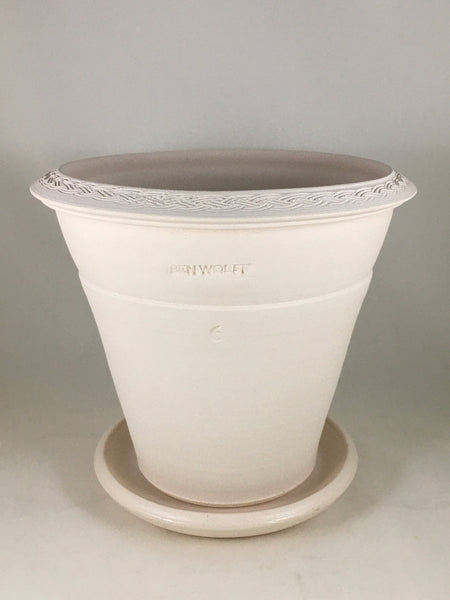 SPC1203-21 Ben Wolff #6 Flower Pot in White Clay.  Sealed saucer with cork pads. 8.25”H x 9.25”W --- ONE OF A KIND
