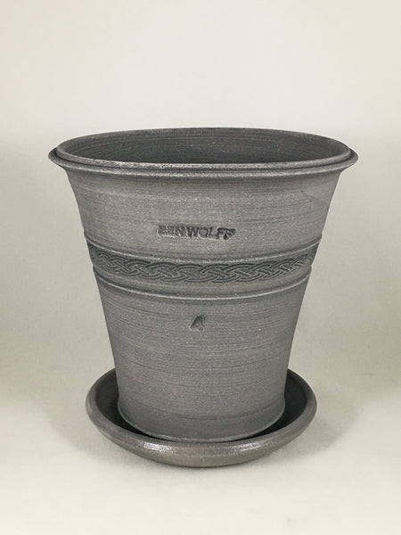 SPC1202-17 Ben Wolff #4 Flower Pot in Grey Finish.  Sealed saucer with cork pads. 7.25”H x 7.5”W --- ONE OF A KIND