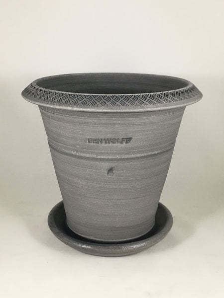 SPC1196-15 Ben Wolff #4 Flower Pot in Grey Finish. Sealed saucer with cork pads. 7.25”H x 8”W --- ONE OF A KIND