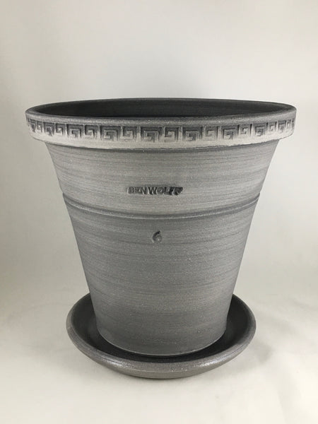 SPC1190-14 Ben Wolff #6 Flower Pot in Grey Finish.  Sealed saucer with cork pads. 8.75"H x 9.25”W --- ONE OF A KIND
