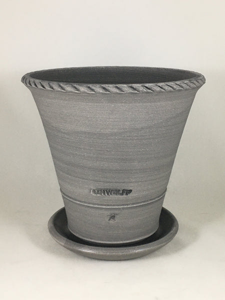 SPC1194-19 Ben Wolff #4 Flower Pot in Grey Finish. Sealed saucer with cork pads. 7.25”H x 7.75”W --- ONE OF A KIND