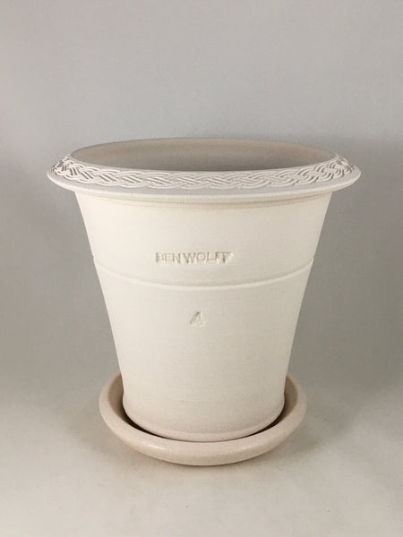 SPC1106-13 Ben Wolff #4 Flower Pot in White Clay.  Sealed saucer with cork pads. 7”H x 7.25”W --- ONE OF A KIND