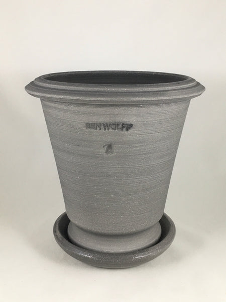 SPC1089-8 Ben Wolff #4 Flower Pot in Grey Finish. Sealed saucer with cork pads. 7”H x 7”W --- ONE OF A KIND