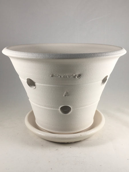 SPC1038-14 Ben Wolff #4 Orchid Half Pot in White Clay Sealed #6 saucer with cork pads. 6”H x 8.75”W --- ONE OF A KIND