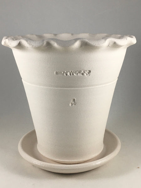 SPC1016-23 Ben Wolff #4 Flower Pot in White Clay. Sealed saucer with cork pads. 7”H x 7”W --- ONE OF A KIND