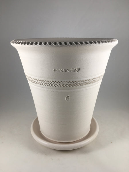 SPC1006-34 Ben Wolff #6 Flower Pot in White Clay.  Sealed saucer with cork pads. 8.5”H x 8.25”W --- ONE OF A KIND
