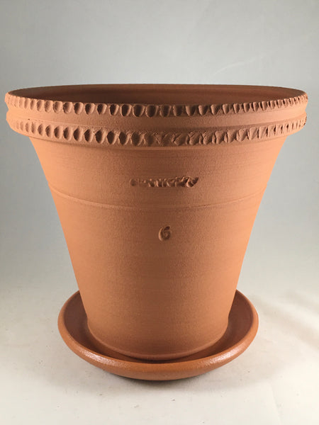 SPC1026-16 Ben Wolff #6 Flower Pot in Terracotta. Sealed saucer with cork pads. 8”H x 8.5”W --- ONE OF A KIND