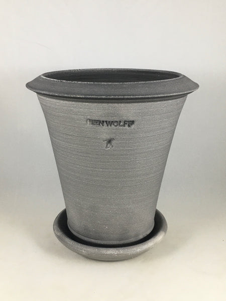 SPC1107-14 Ben Wolff #4 Flower Pot in Grey Finish. Sealed saucer with cork pads. 7.5”H x 7.25”W --- ONE OF A KIND