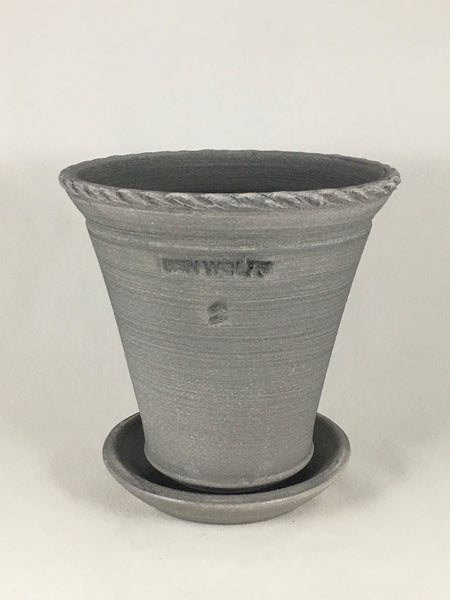 SPC1104-10 Ben Wolff #2 Flower Pot in Grey Finish. Sealed saucer with felt pads. 5.5”H x 5.75”W --- ONE OF A KIND