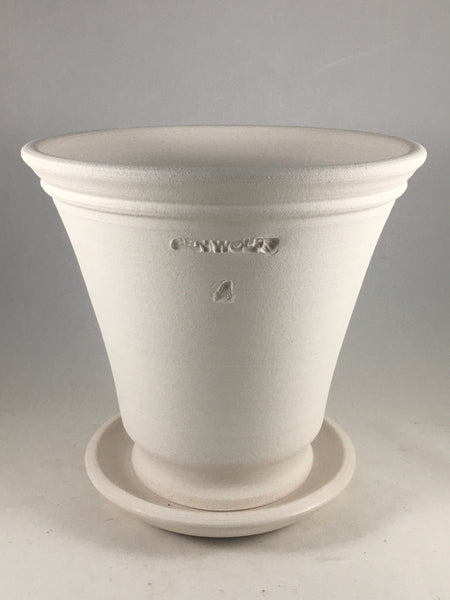 SPC1058-12 Ben Wolff #4 Flower Pot in White Clay. Sealed saucer with cork pads. 7”H x 7.5”W --- ONE OF A KIND