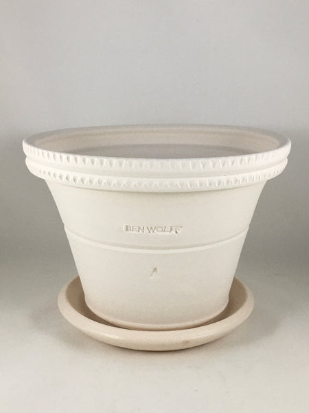 SPC1177-23 Ben Wolff #4 Half Pot in White Clay. Sealed #6 saucer with cork pads. 6”H x 8.5”W --- ONE OF A KIND